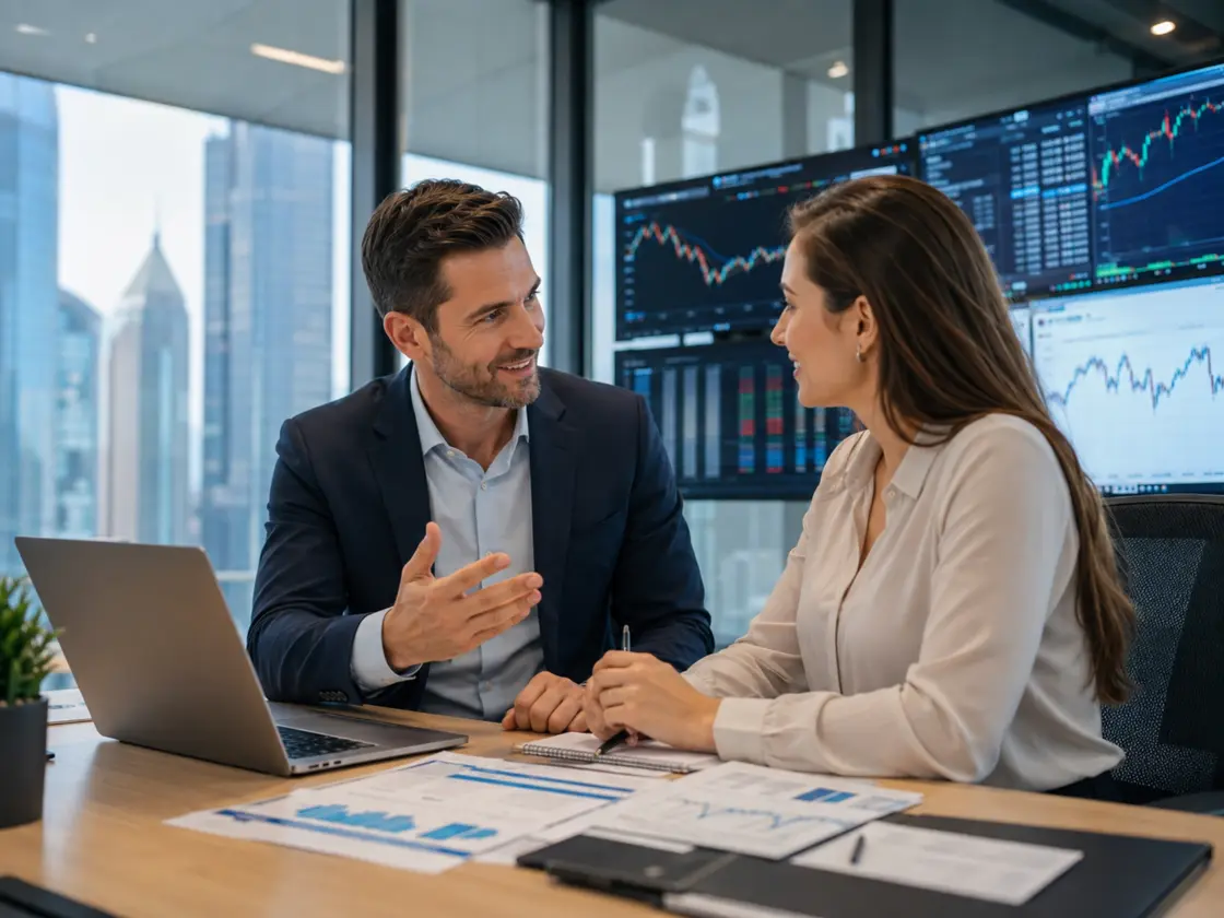 Colleagues reviewing a concrete work example in a financial-services setting.