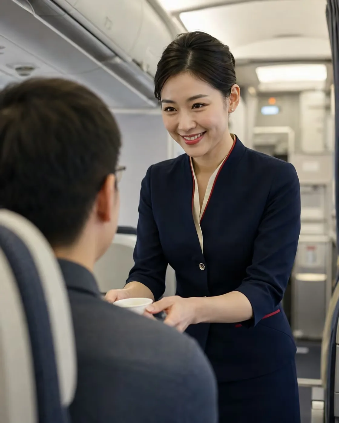 Cabin crew member serving a passenger during a flight.